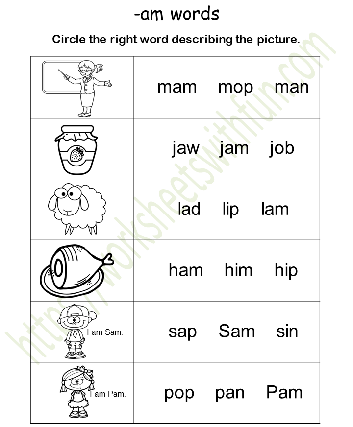 English General Preschool Am Word Family Worksheet 6